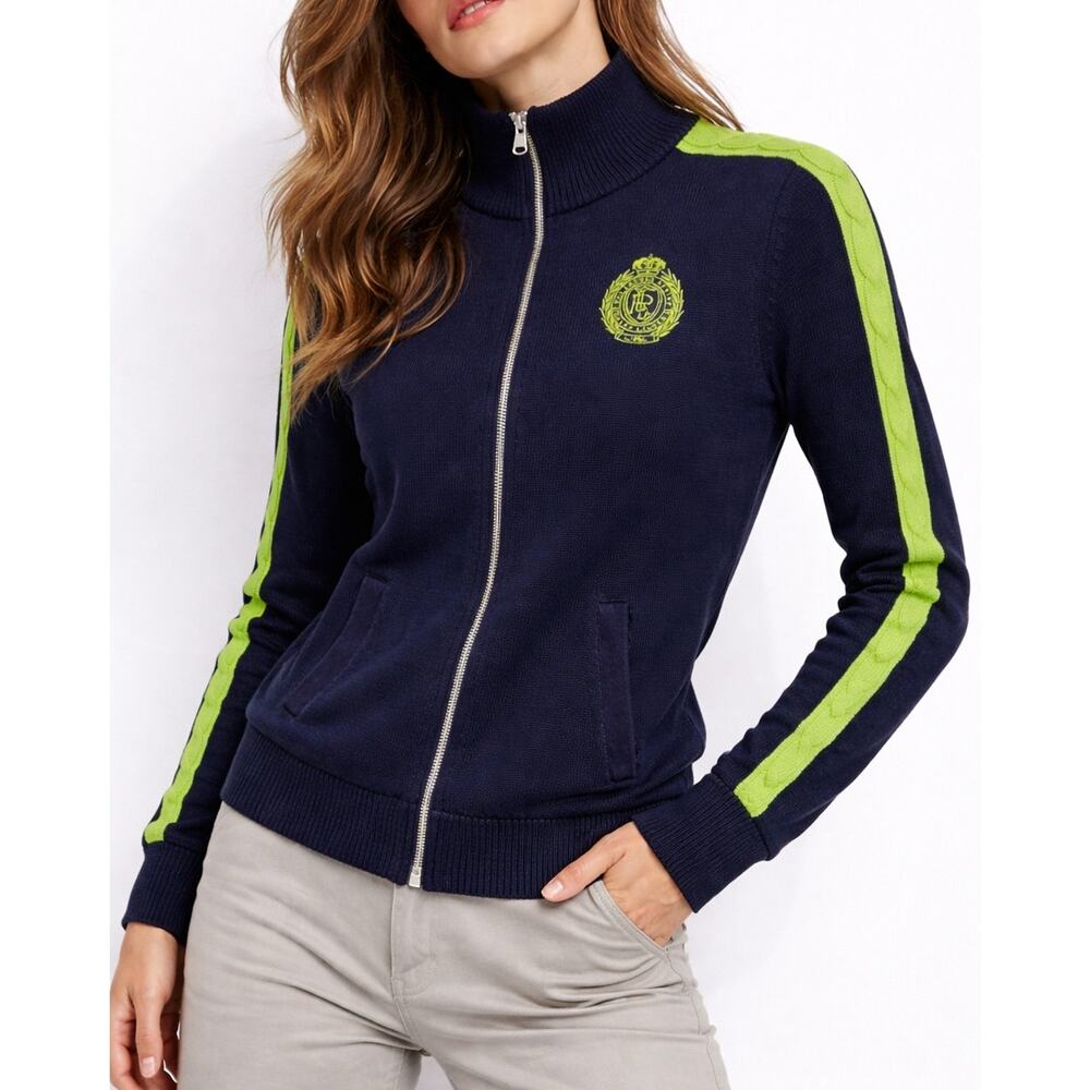 Lauren Knit Track Jacket Zip Sweater Navy Lime Green 80s Preppy Mock Neck Ribbed